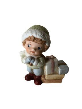 Homco 5556 Figurine Boy With Sled and Gifts Hand Painted Porcelain Vintage